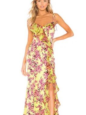 Cinq a Sept - Floral Ruffle Maxi Dress in Yellow and Pink